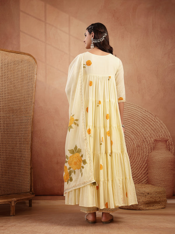 Gulmohar Jaipur Malmal Calf Length Printed 3/4 Sleeves Round Neck Anarkali Kurta Suit Set