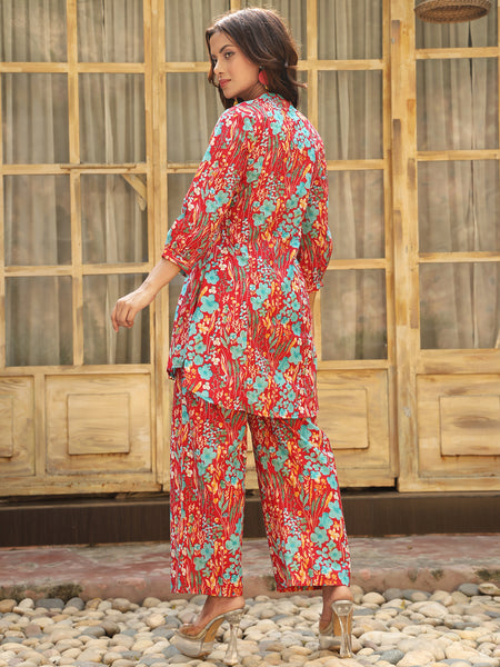Pink Cotton Hip Length Printed Straight Mandarin Neck Top Palazzo Set