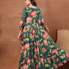 Cotton Ankle Length Printed 3/4 Sleeves V-Neck Flared Kurta