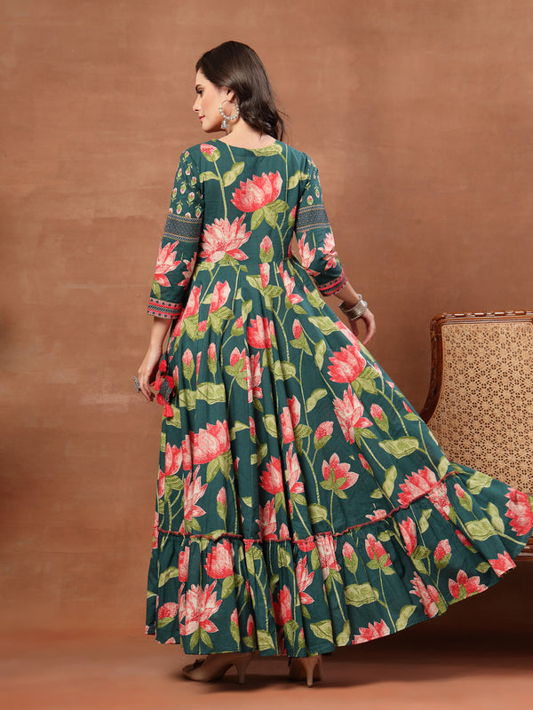 Cotton Ankle Length Printed 3/4 Sleeves V-Neck Flared Kurta