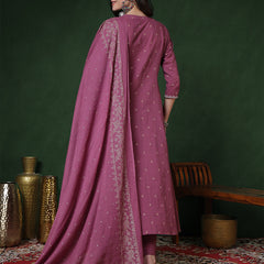 Cotton Calf Length Printed 3/4 Sleeves Round Neck Semi-Flared Kurta Suit Set