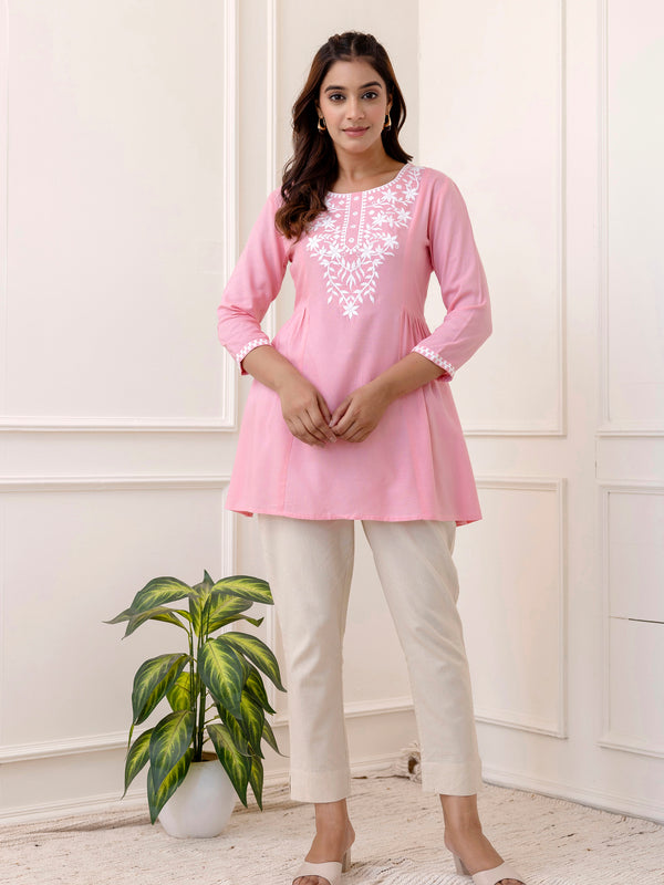 Light Pink Rayon Hip Length Solid Round Neck Solid Embroidered Straight Top