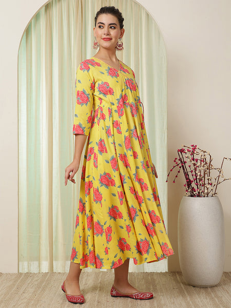 Yellow Rayon Calf Length Printed Flared V-Neck Kurta