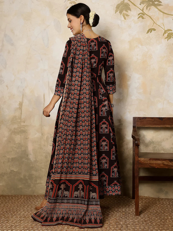 Cotton Calf Length Printed V-Neck Anarkali Kurta Suit Set