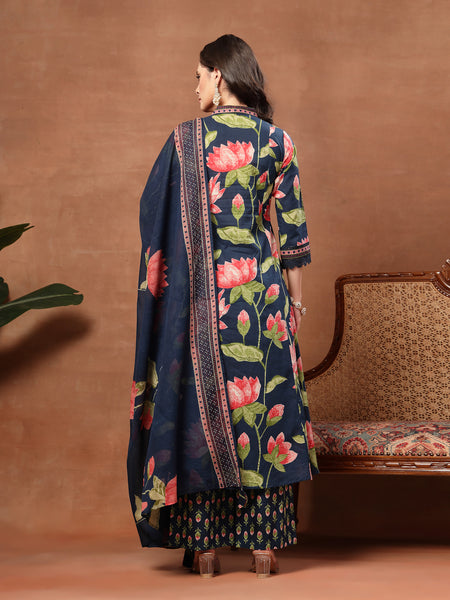 Cotton Calf Length Printed 3/4 Sleeves V-Neck Flared Kurta Suit Set