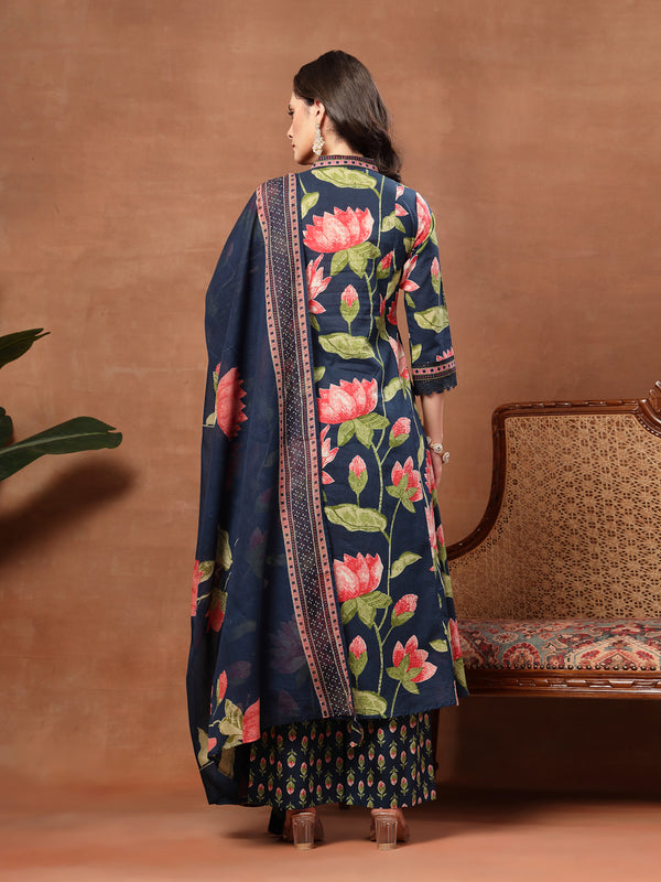 Cotton Calf Length Printed 3/4 Sleeves V-Neck Flared Kurta Suit Set