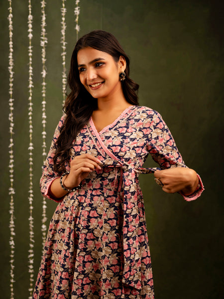 Navy Blue Cotton Calf Length Printed Flared Angrakha Kurta