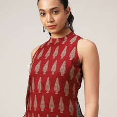 Cotton Mid Length Printed Sleeveless Round Neck Straight Kurta