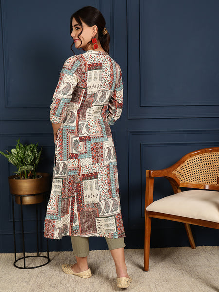 Maroon Cotton Flex Calf Length Printed Mandarin Coller A-Line Kurta