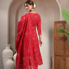 Cotton Calf Length Printed 3/4 Sleeve V-Neck Flared Kurta Suit Set