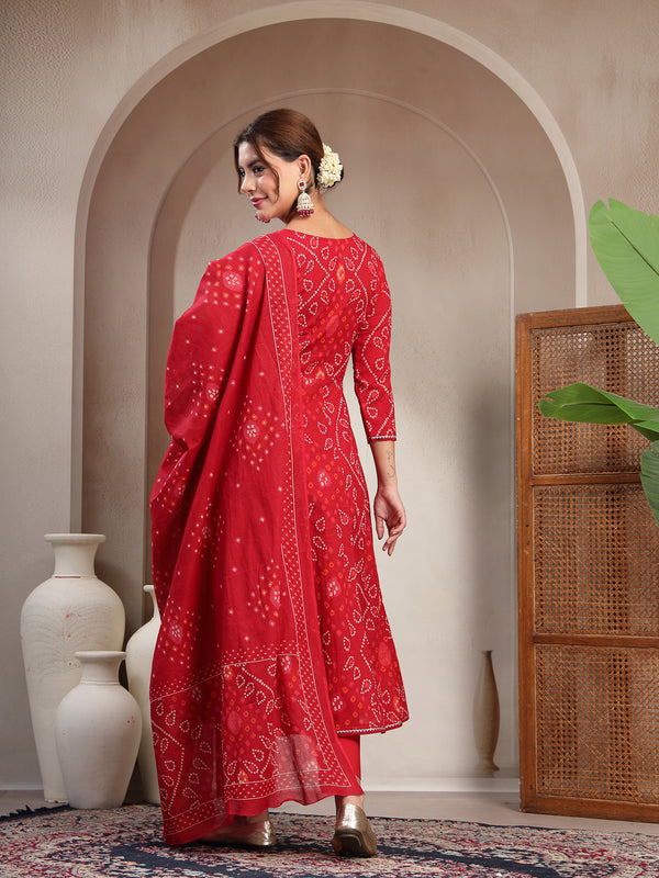 Cotton Calf Length Printed 3/4 Sleeve V-Neck Flared Kurta Suit Set