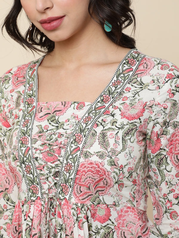 Cotton Short Length Length Printed Flared 3/4 Sleeves Square Top