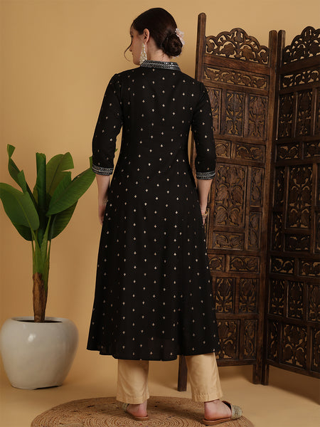Black Rayon Calf Length Solid Semi-Flared V-Neck Kurta