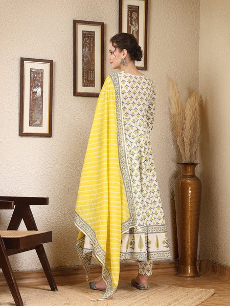 Lemon Cotton Calf Length Printed Round Neck Anarkali Kurta Suit Set