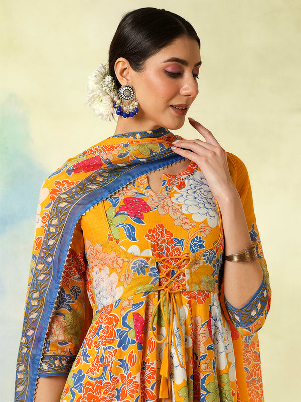Blue Pure Cotton Printed Hand-Work Anarkali Kurta Suit Set