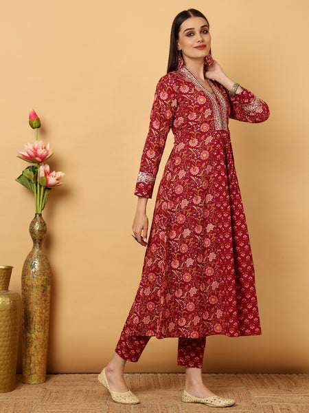 Maroon Calf Length Floral Print Flared V-Neck Kurta Suit Set