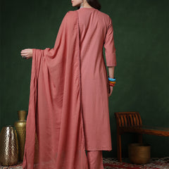 Peach Rayon Calf Length Solid 3/4 Sleeves Round Neck Semi-Flared Kurta Suit Set