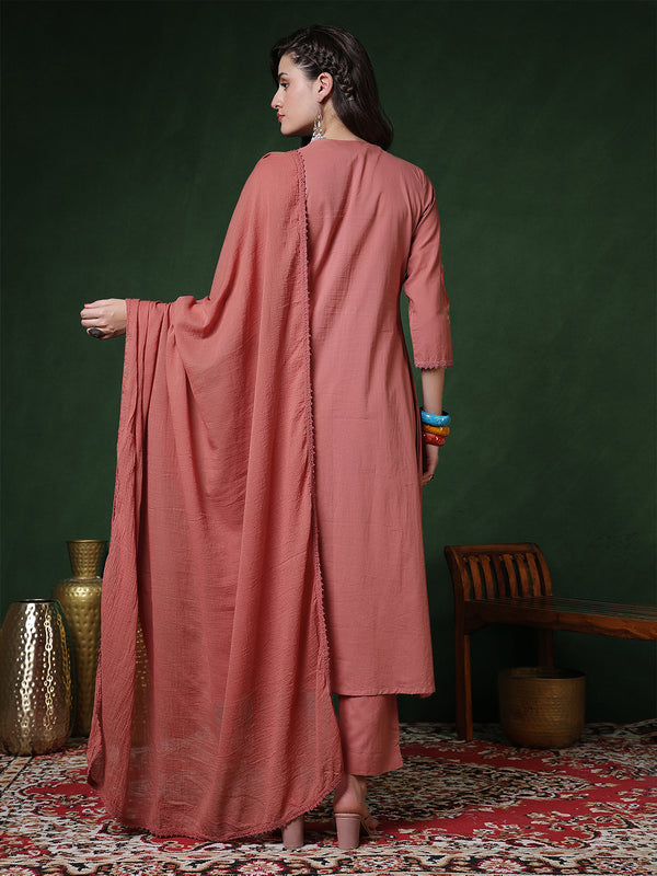 Peach Rayon Calf Length Solid 3/4 Sleeves Round Neck Semi-Flared Kurta Suit Set