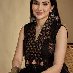 Gulmohar Jaipur Cotton Calf Length Printed Sleeveless Collard Straight Kurta Suit Set