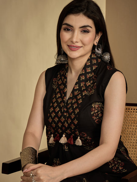 Gulmohar Jaipur Cotton Calf Length Printed Sleeveless Collard Straight Kurta Suit Set