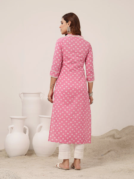 Cotton Calf Length Printed 3/4 Sleeve V-Neck Straight Kurta