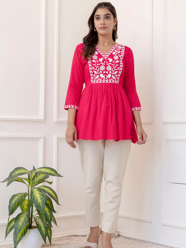 Pink Rayon Hip Length Solid V-Neck Solid Embroidered Semi-Flared Top