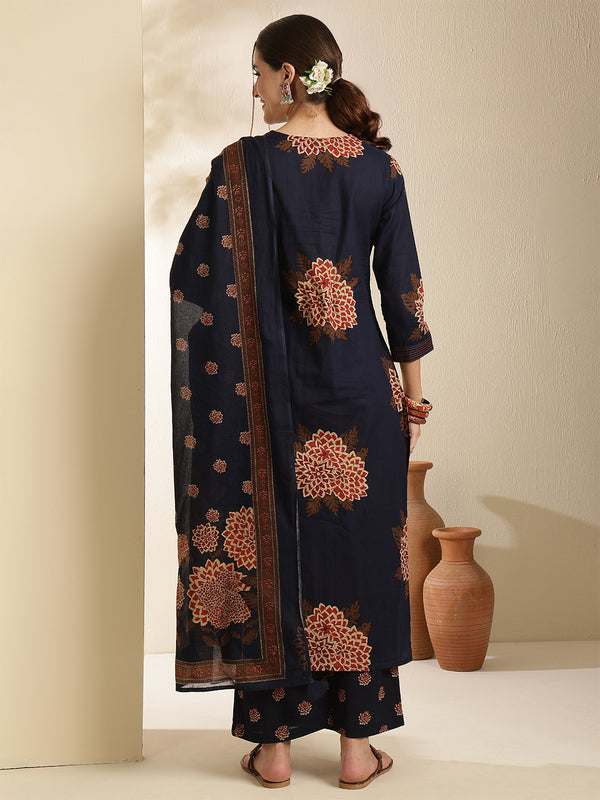 Maroon Pure Cotton Printed 3/4 Sleeves V-Neck Straight Kurta Suit Set