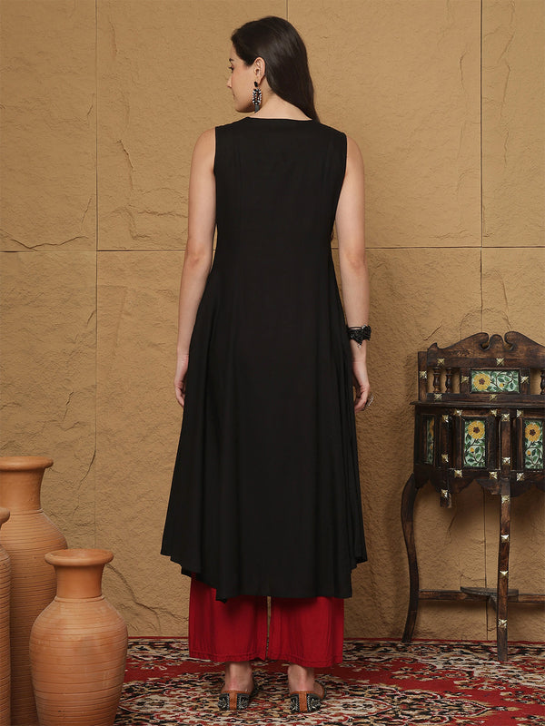 Black Rayon Calf Length Solid  Round Neck A-line Kurta