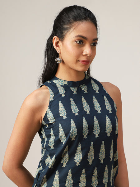 Cotton Mid Length Printed Sleeveless Round Neck Straight Kurta