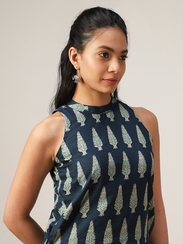 Cotton Mid Length Printed Sleeveless Round Neck Straight Kurta