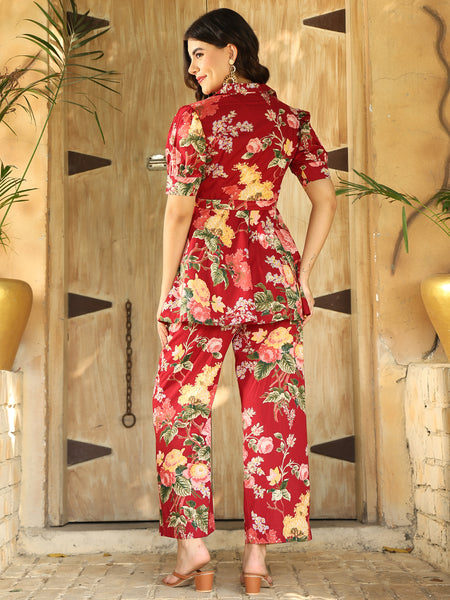 Maroon  Cotton Hip Length Printed Shirt Collar Flared Top Palazzo Set