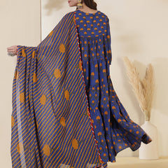 Cotton Calf Length Printed 3/4 Sleeves Key Hole Neck Anarkali Kurta Suit Set
