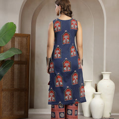 Cotton Calf Length Printed Sleeveless Round Neck Straight Kurta Suit Set