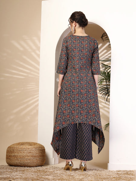 Navy Cotton Calf Length Printed Round Neck Asymmetric Kurta Palazzo Set