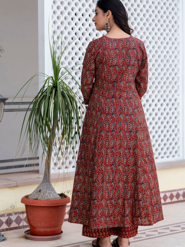Maroon Cotton Calf Length Printed V-Neck Anarkali Kurta Suit Set