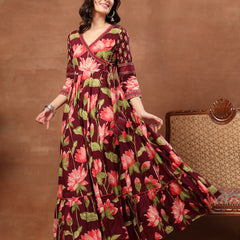 Cotton Ankle Length Printed 3/4 Sleeves V-Neck Flared Kurta