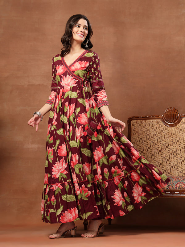 Cotton Ankle Length Printed 3/4 Sleeves V-Neck Flared Kurta