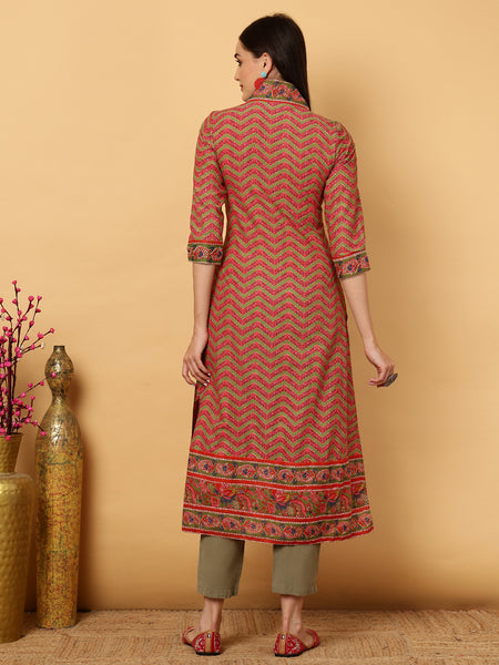 Green Cotton Calf Length A-Line V-Neck Kurta