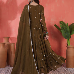 Cotton Ankle  Length Printed Full- Sleeves V-Neck Tired Kurta Suit Set