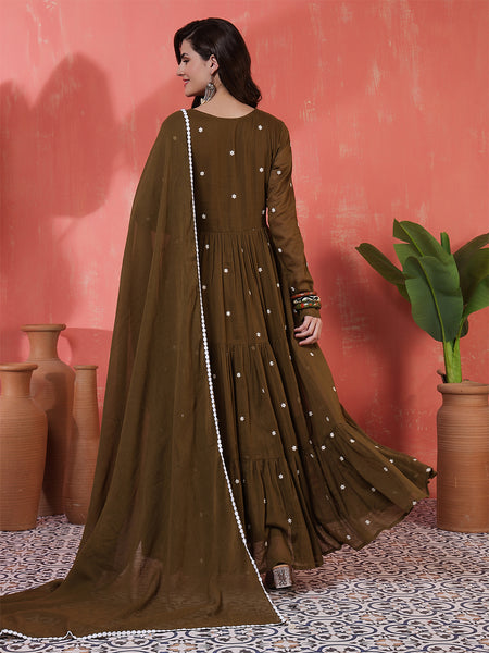 Cotton Ankle  Length Printed Full- Sleeves V-Neck Tired Kurta Suit Set