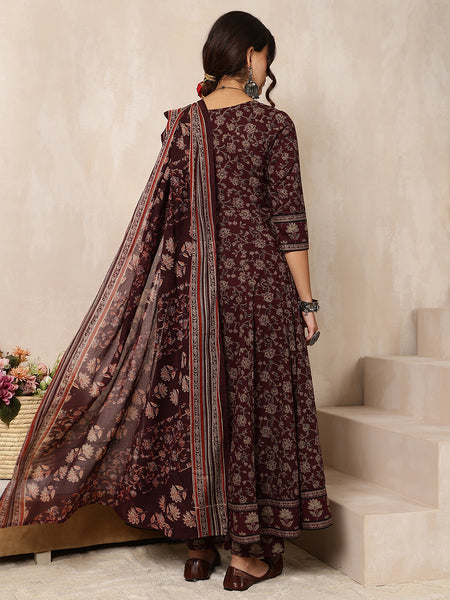 Wine Cotton Calf Length Printed Round Anarkali Neck Kurta Suit Set