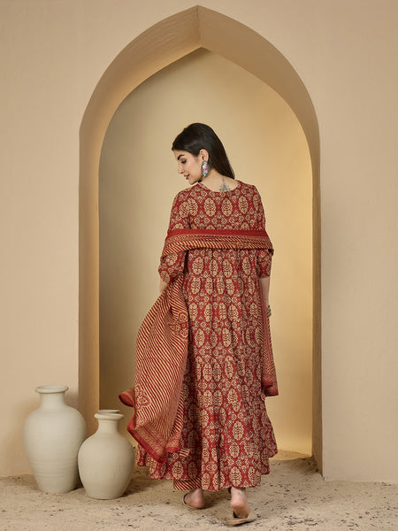 Gulmohar Jaipur Cotton Calf Length Printed 3/4 Sleeves Round Neck Anarkali Kurta Suit Set