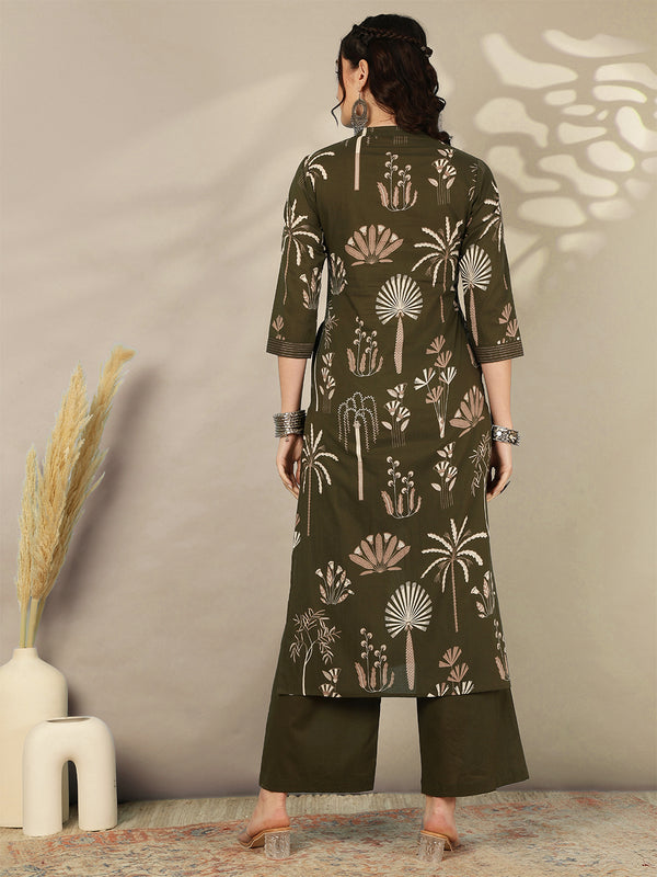 Rayon Calf Length Printed Straight 3/4 Sleeves Mandarin Neck Kurta Bottom Set