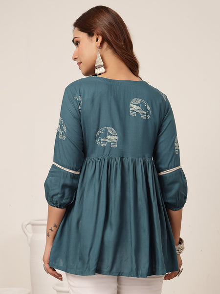 Rayon Hip Length Printed 3/4 Sleeve V-Neck Flared Top