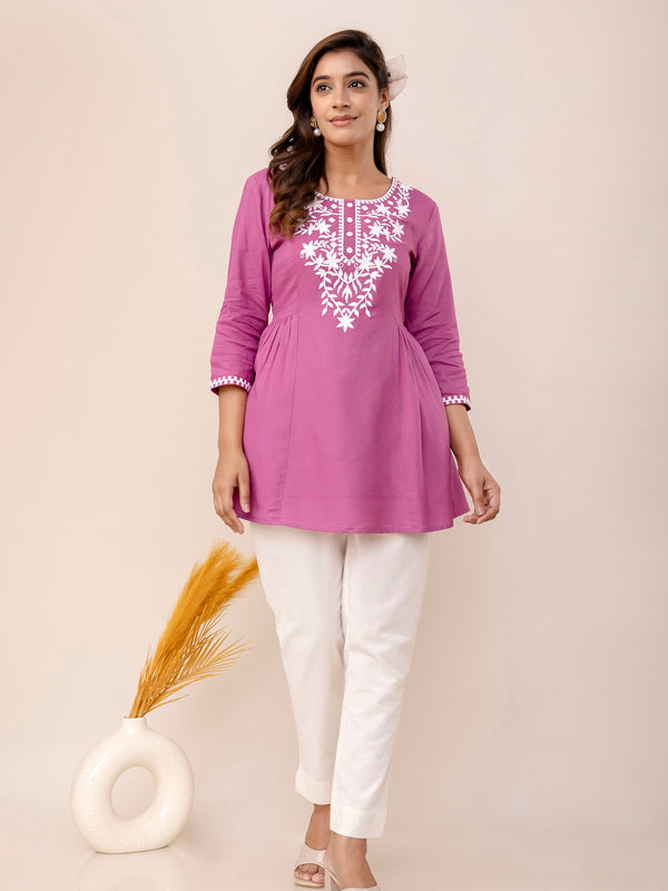 Lavender Rayon Hip Length Solid Round Neck Solid Embroidered Straight Top