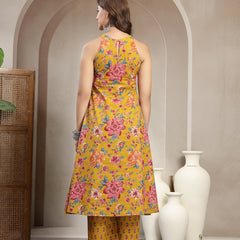 Cotton Calf Length Printed Sleeveless Round Neck Flared Kurta Suit Set