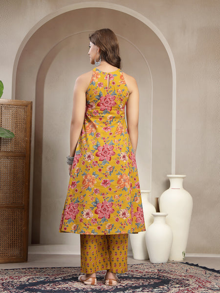 Cotton Calf Length Printed Sleeveless Round Neck Flared Kurta Suit Set