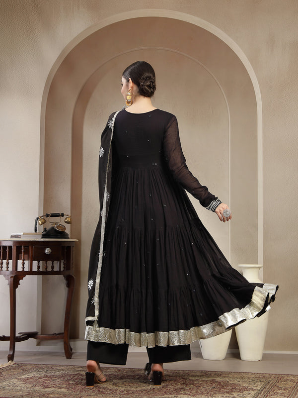 Gulmohar Jaipur Malmal Calf Length Solid Full Sleeves Anrakha Neck Anarkali Kurta Suit Set