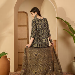 Gulmohar Jaipur Cotton Calf Length Printed 3/4 Sleeve Key Hole Neck Anarkali Kurta Suit Set