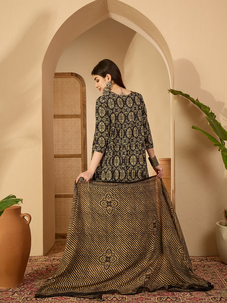 Gulmohar Jaipur Cotton Calf Length Printed 3/4 Sleeve Key Hole Neck Anarkali Kurta Suit Set